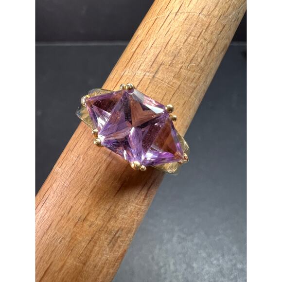 Vintage Ross-Simons 14K Yellow Gold Trillion Cut Amethyst 3 Stone Ring Size 7 - Picture 3 of 16